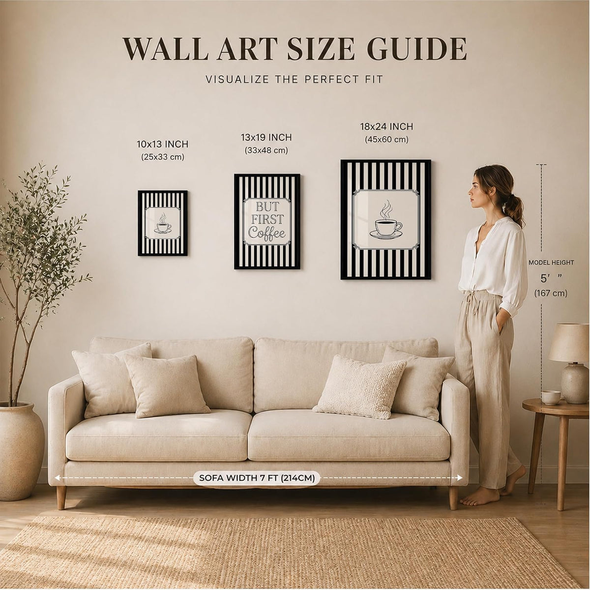But First Coffee Wall Art Set of 2 Framed Paintings | Black White Striped Coffee Poster Kitchen Café Décor | Home Office Wall Décor (Art 20, 10x13 Inches, Black)