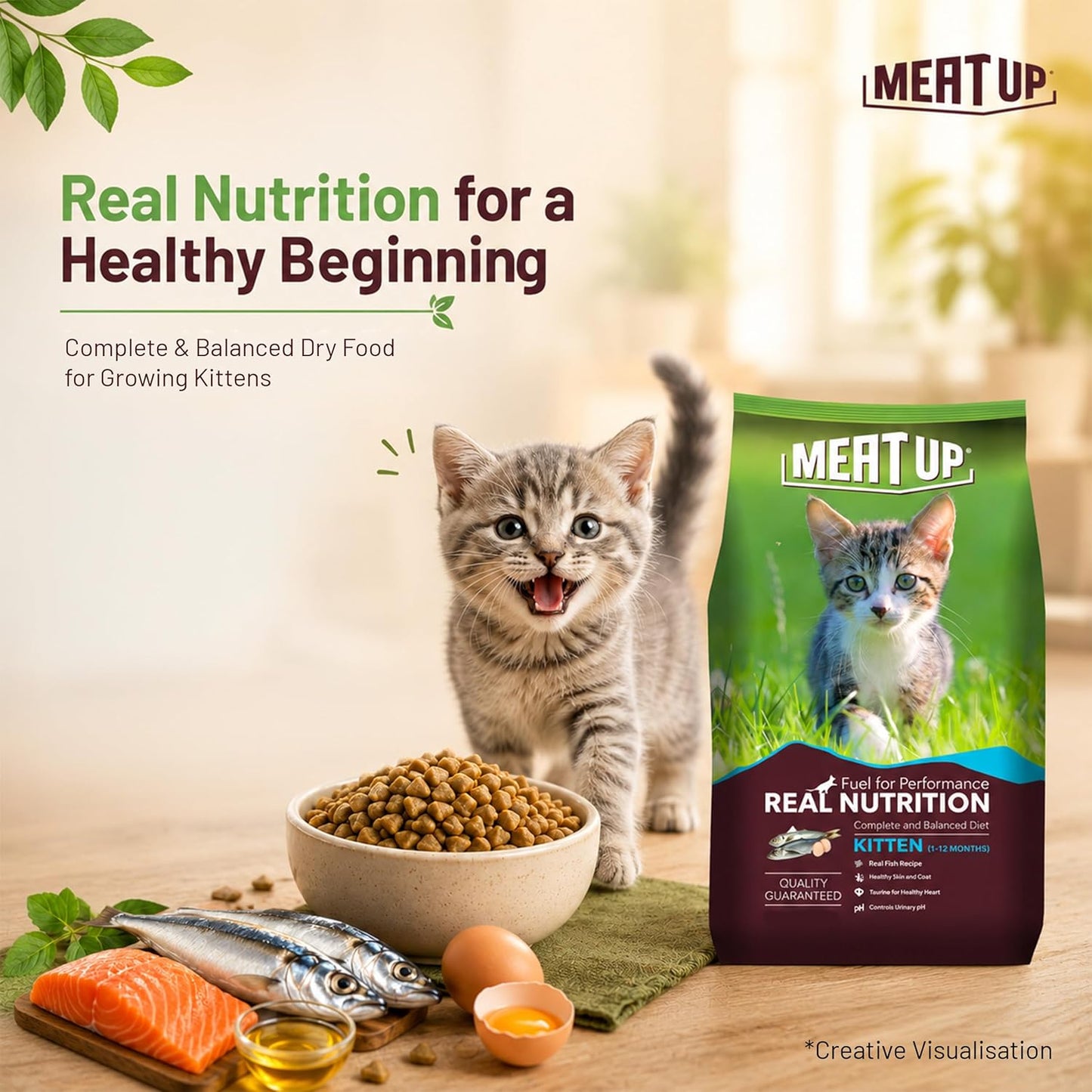 Meat Up Kitten Dry Cat Food (Up to 12 Months) 1.2kg Pack | Ocean Fish Flavour | Complete Nutrition | Taurine for Heart