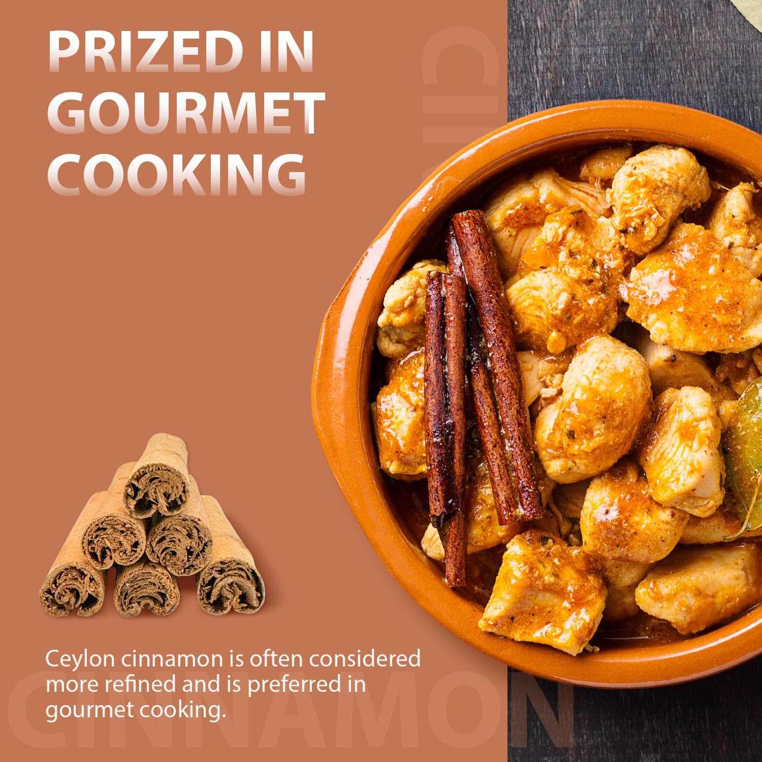 Cinnamon sticks with a bowl of food on a brown background, promoting Ceylon cinnamon in gourmet cooking.
