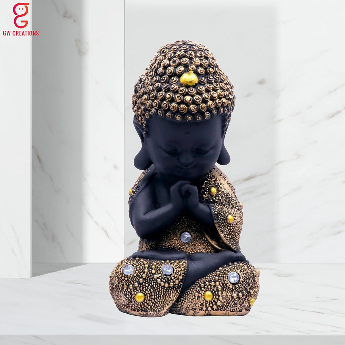 Gold Toned & Black Buddha Idol Showpiece for Home Décor, Meditation Room & Gifting | Spiritual Resin Statue