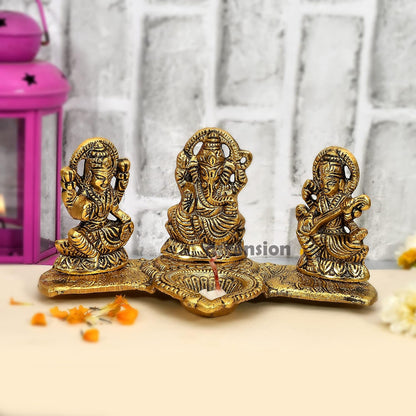 Laxmi Ganesh Saraswati Idol Showpiece Metal Statue with Diya Decoration Pooja Showpiece Sitting Idol Blessing Ganpati Sculpture for Home Diwali Puja Home Decor Festival Gifts