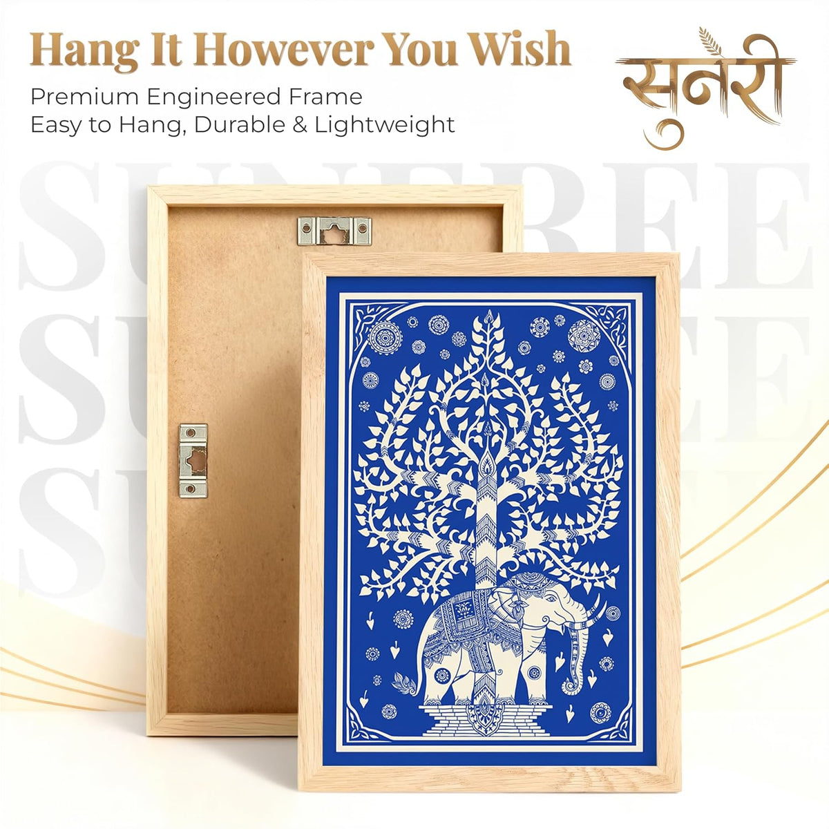 Blue White Elephant Tree of Life Wall Art Painting | Set of 2 Framed Paintings | Indian Folk Art Decor for Living Room Bedroom Home Office | (ART 10, 13x19 INCHES)
