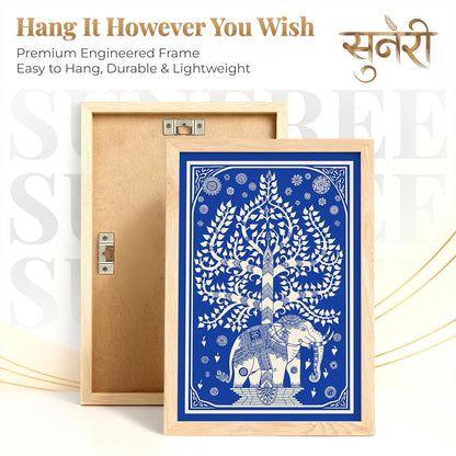 Blue White Elephant Tree of Life Wall Art Painting | Set of 2 Framed Paintings | Indian Folk Art Decor for Living Room Bedroom Home Office | (ART 10, 13x19 INCHES)