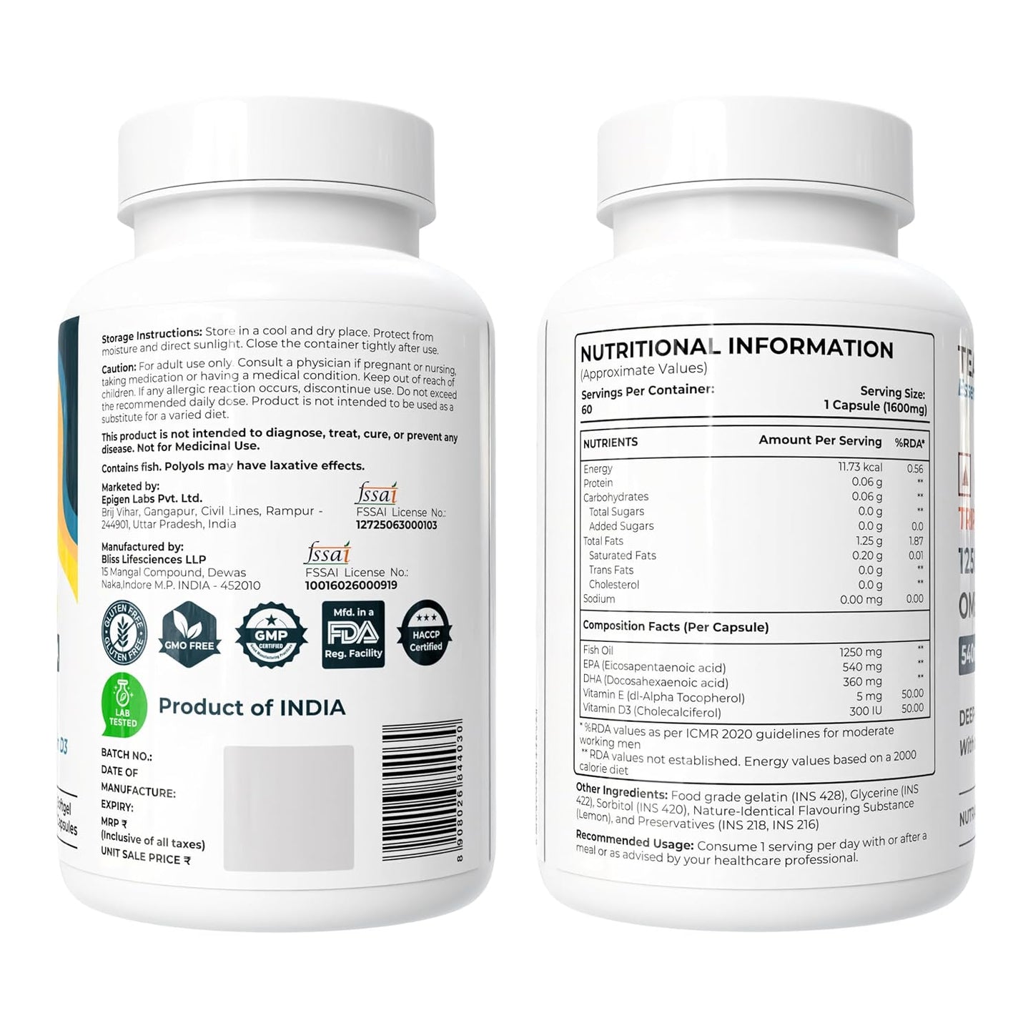 Tealed Omega 3 Fish Oil 1250mg | Triple Strength | 540mg EPA + 360mg DHA | Eurofins Lab Tested | With Vitamin D3 & E | Heart Brain Joint Support | No Fishy Burps | 60 Lemon Softgels for Men & Women