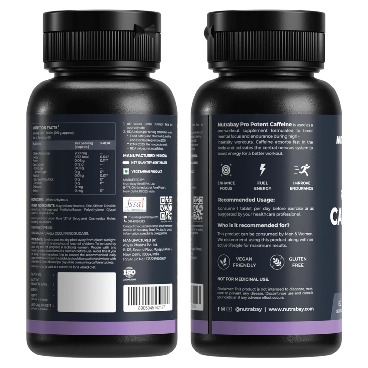 Two black supplement bottles with labels on a white background