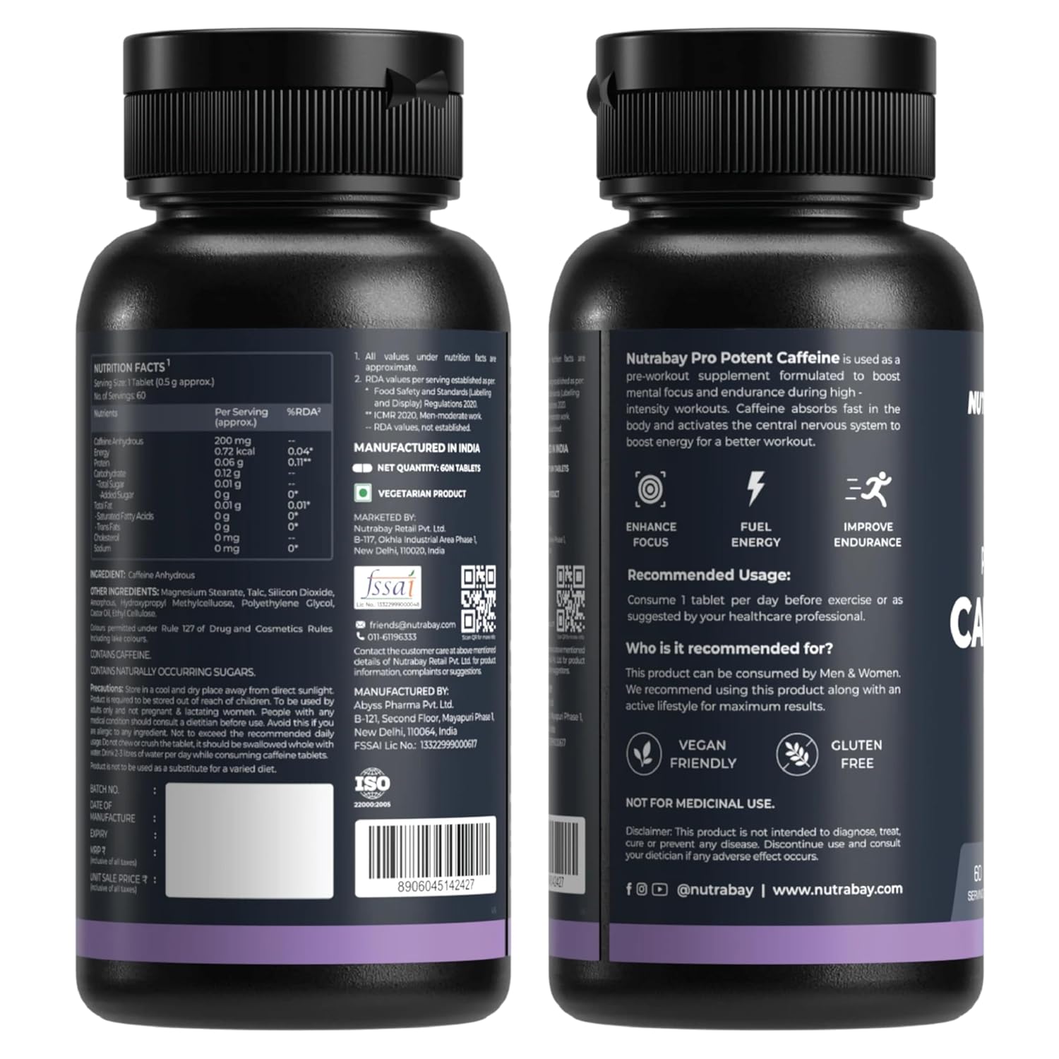 Two black supplement bottles with labels on a white background