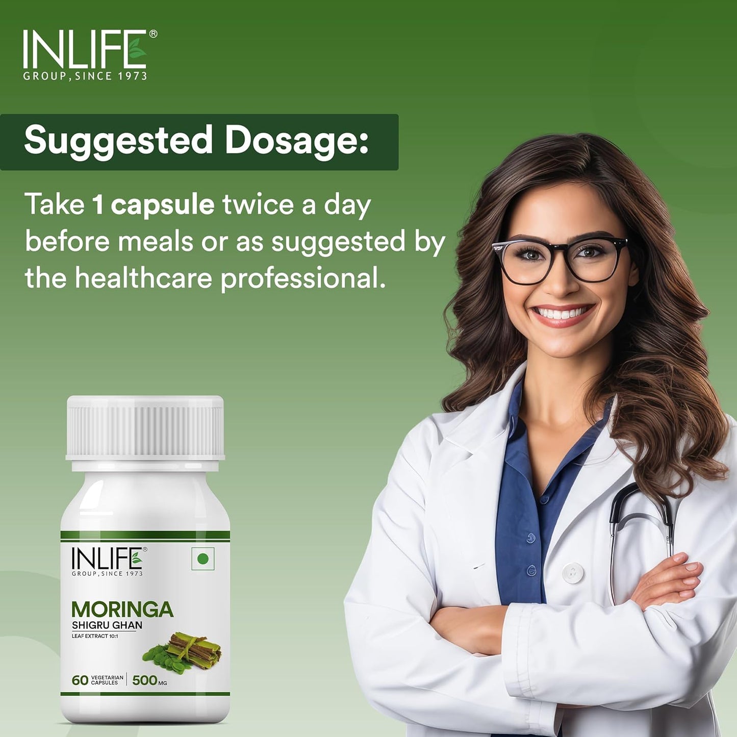 INLIFE Moringa Capsules 500mg | Leaf Extract (10:1) Powder Supplement | Water Distillation Extraction | Quick Absorption than Tablet - 60 Vegetarian Capsules (Pack of 1, 60)