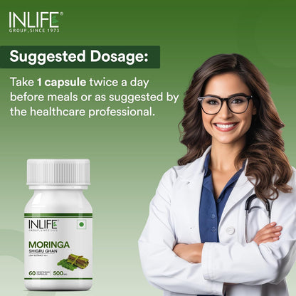 INLIFE Moringa Capsules 500mg | Leaf Extract (10:1) Powder Supplement | Water Distillation Extraction | Quick Absorption than Tablet - 60 Vegetarian Capsules (Pack of 1, 60)