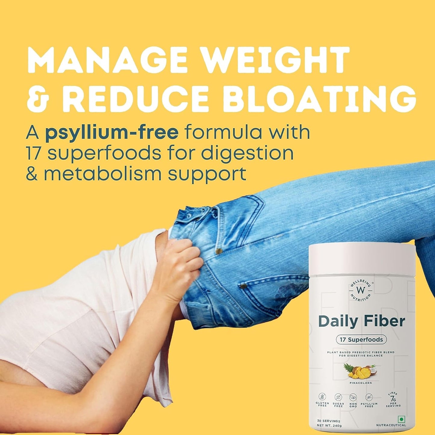 Zephivo Wellbeing Nutrition Daily Fiber Powder | Weight Management, Manages Sugar Control, Bloating, Constipation & Acidity Relief | Organic Prebiotic Digestive Fiber Supplement | 30 Servings