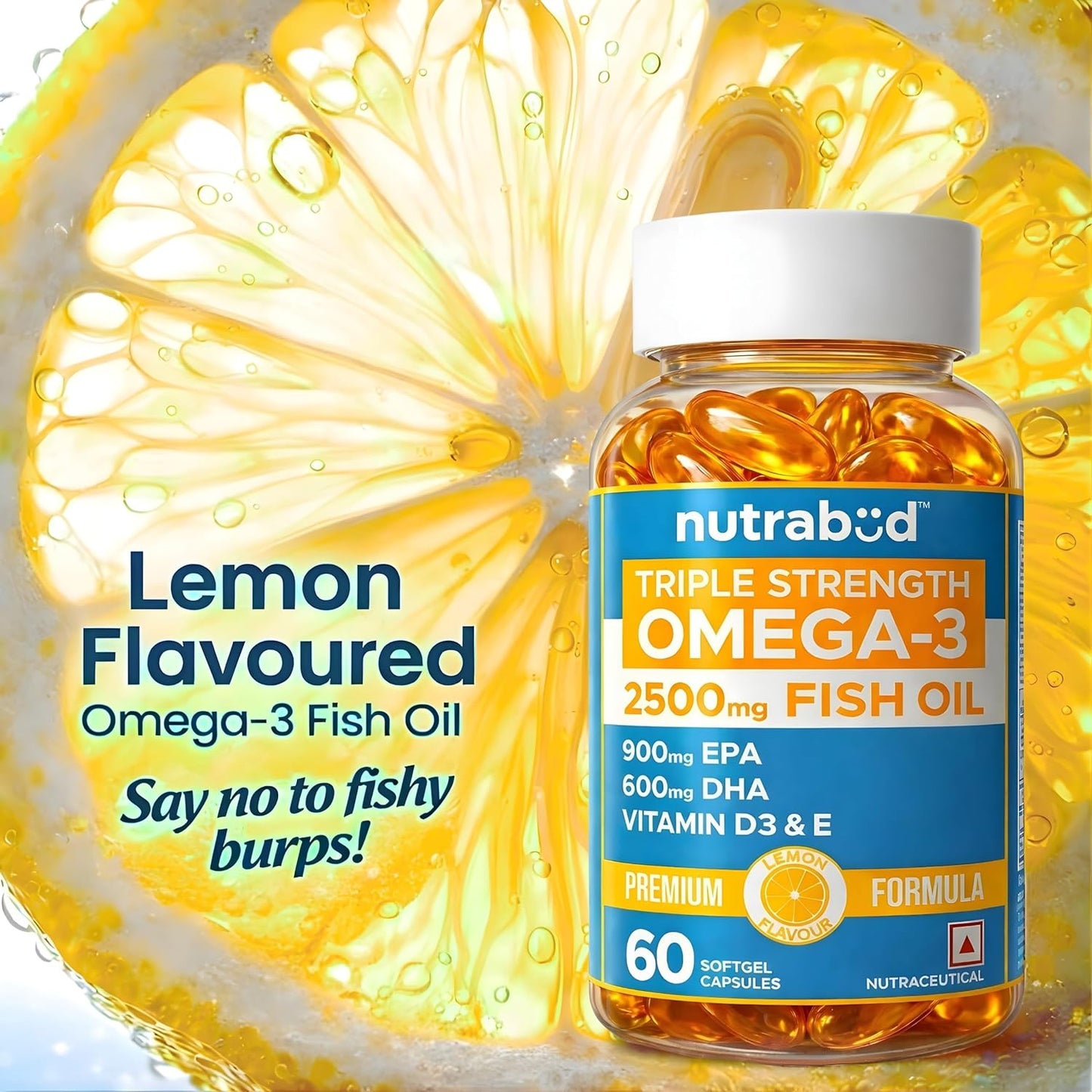 Nutrabud Omega 3 Fish Oil Capsules Triple Strength Supplement 2500mg - 900mg EPA 600mg DHA/serving - With Vitamin D & E - Lemon Flavour (60 Count (Pack of 1), Lemon)