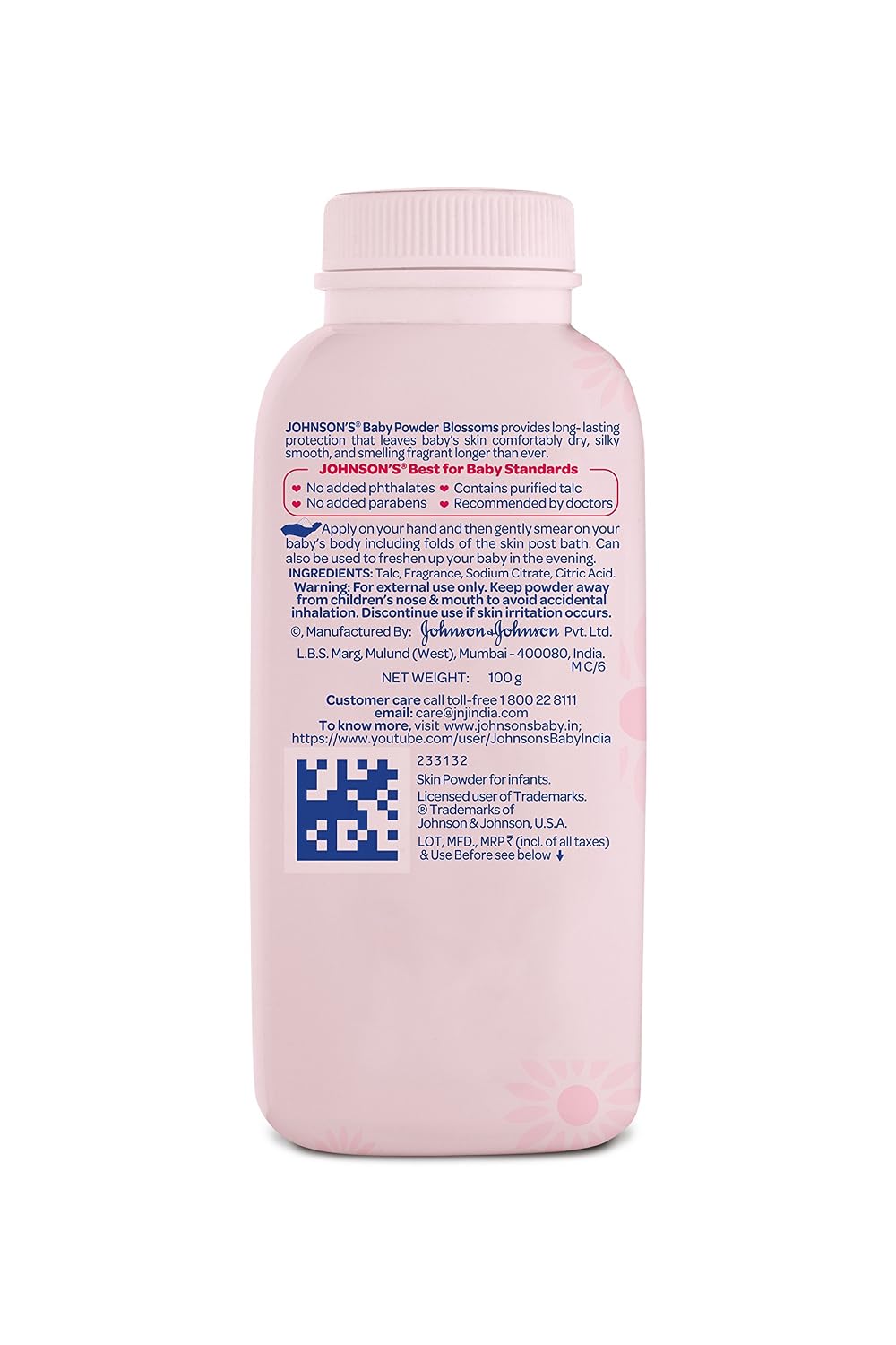 Johnson's Baby Powder Blossoms | With Sodium Citrate, Citric Acid | Pack of 1, 100g