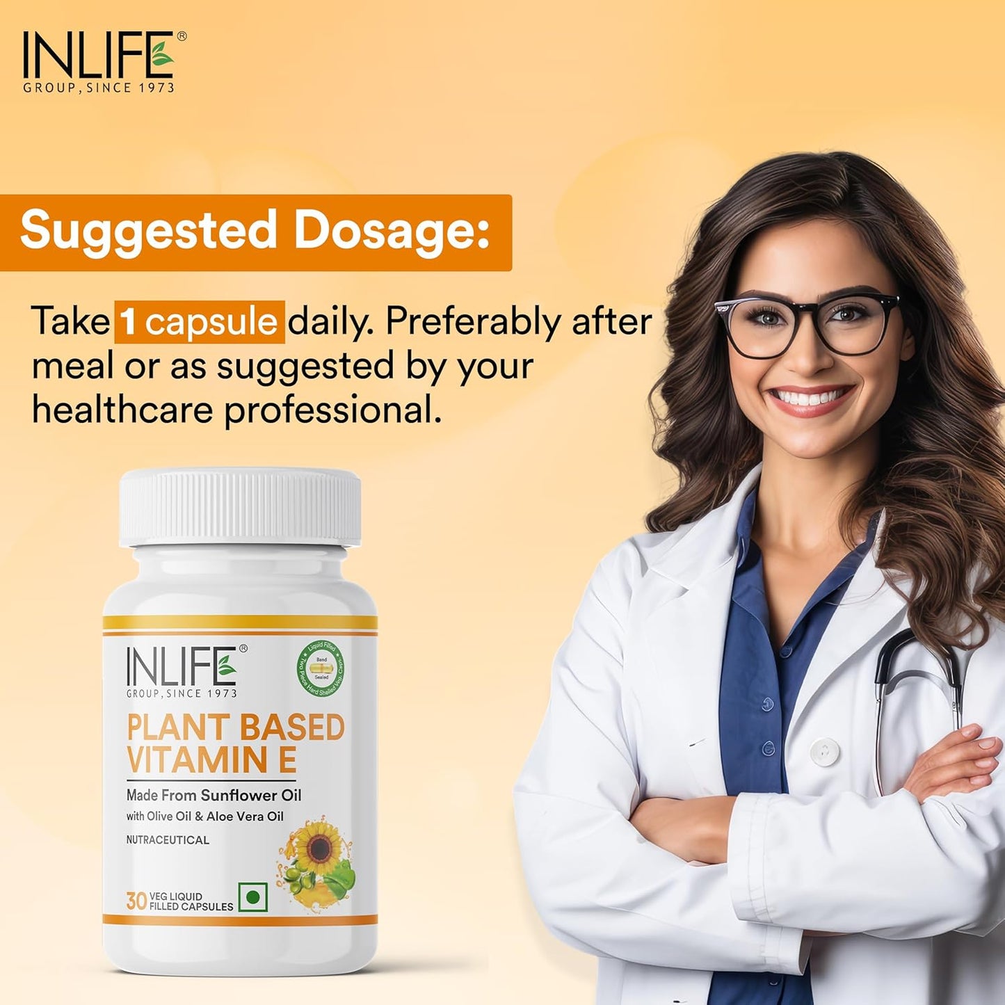 INLIFE Plant Based Natural Vitamin E Oil Capsules for Face and Hair|Sunflower, Olive & Aloe Vera Oils |Skin Health and immunity support Supplement for Women & Men–30 Vegetarian Capsules (Pack of 1)