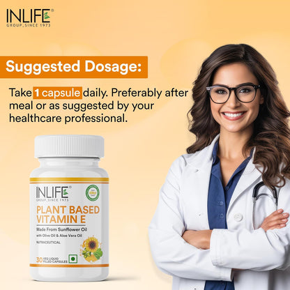 INLIFE Plant Based Natural Vitamin E Oil Capsules for Face and Hair|Sunflower, Olive & Aloe Vera Oils |Skin Health and immunity support Supplement for Women & Men–30 Vegetarian Capsules (Pack of 1)