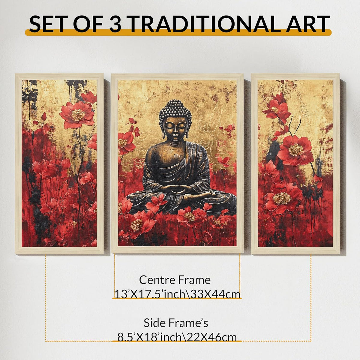 Buddha Floral Abstract Framed Wall Art Painting Home Décor Pack Of 3 | Digital Scenery Painting with Frame | Suits Hallways, Living Room, Bedroom, Office Set Of 3, 22x46 cm, 33x44 cm