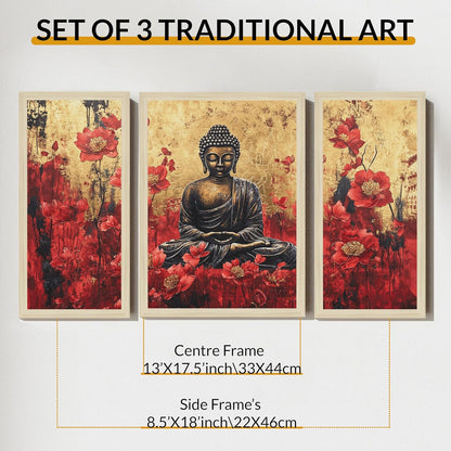 Buddha Floral Abstract Framed Wall Art Painting Home Décor Pack Of 3 | Digital Scenery Painting with Frame | Suits Hallways, Living Room, Bedroom, Office Set Of 3, 22x46 cm, 33x44 cm