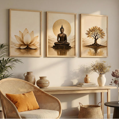 Wooden Frame Buddha Wall Art Set of 3, 13x19 Inches, for Meditation, Home, Bedroom, Office, and Spiritual Decor