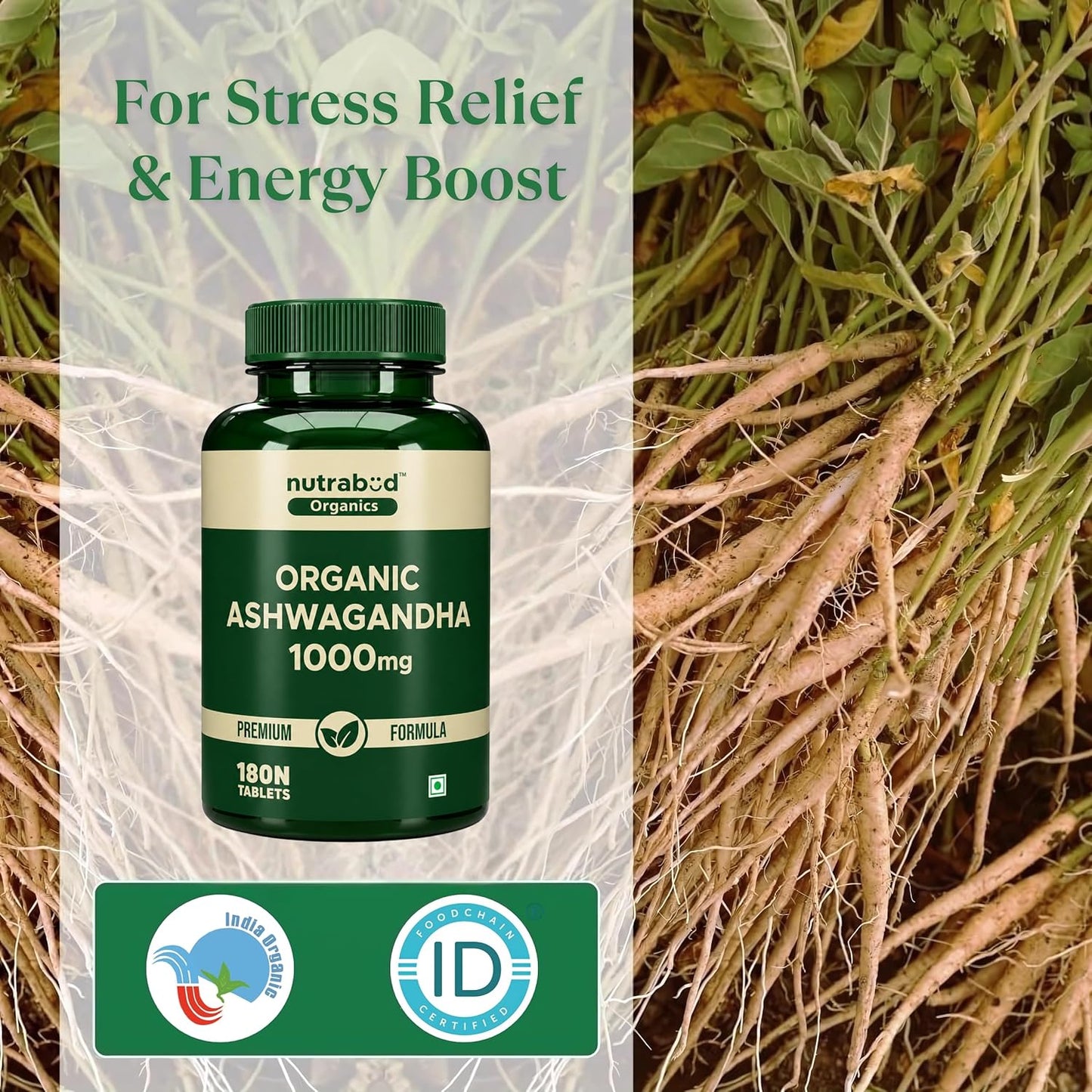 Nutrabud Ashwagandha 1000mg - 180 Tablets -Stress & Anxiety Relief Ashwagandha Powder Tablets - Rejuvenates Mind & Body - Certified Organic (180 Count (Pack of 1))