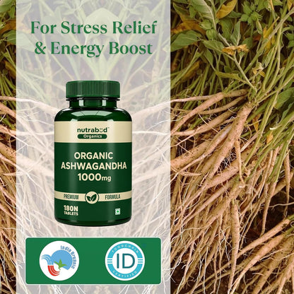 Nutrabud Ashwagandha 1000mg - 180 Tablets -Stress & Anxiety Relief Ashwagandha Powder Tablets - Rejuvenates Mind & Body - Certified Organic (180 Count (Pack of 1))