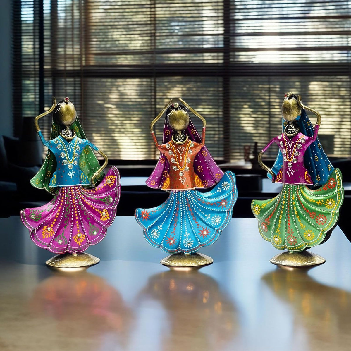 Set of 3 Metal Figurine Dancers Home Decor Item for Living Room, Bedroom, Wedding Festive Housewarming Gift Showpiece Rajasthani Dancing Dolls