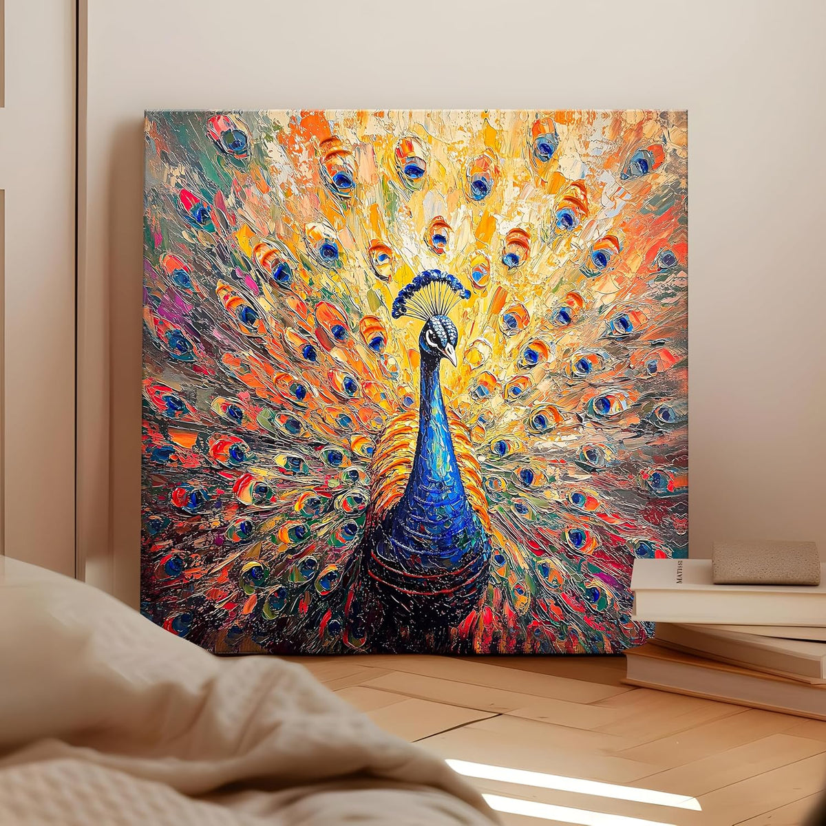 Stretched Canvas 3D Peacock Wall Art Textured Painting, Peacock Feather Art Hand-Painted Look, Stretched Canvas Giclée Print, Modern Living Room Home Decor, Side Gallery Wrap 61x61 cm