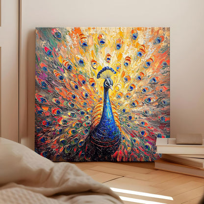 Stretched Canvas 3D Peacock Wall Art Textured Painting, Peacock Feather Art Hand-Painted Look, Stretched Canvas Giclée Print, Modern Living Room Home Decor, Side Gallery Wrap 61x61 cm