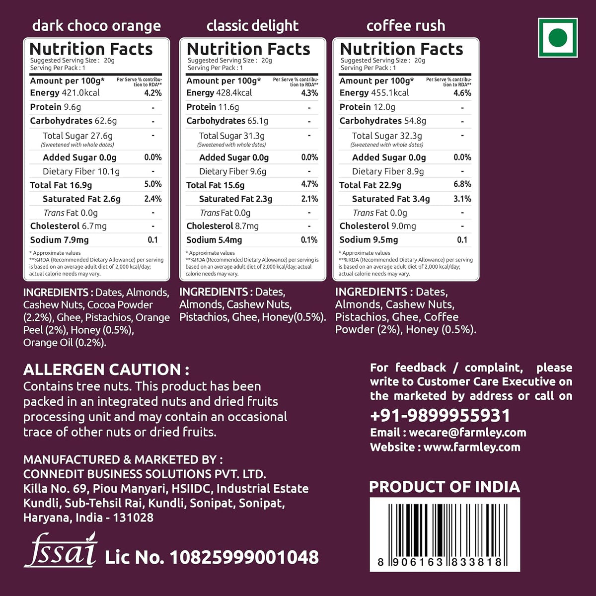Farmley Date Bites Assorted Pack 60g (20g x3) | Classic, Dark Choco Orange & Coffee Rush | Dry Fruit Bites with Almonds, Cashews & Pista | Gluten Free, No Refined Sugar | Healthy Snack with Honey & Ghee