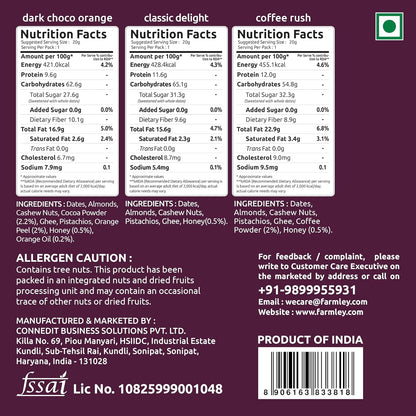 Farmley Date Bites Assorted Pack 60g (20g x3) | Classic, Dark Choco Orange & Coffee Rush | Dry Fruit Bites with Almonds, Cashews & Pista | Gluten Free, No Refined Sugar | Healthy Snack with Honey & Ghee