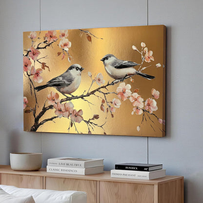 Stretched Canvas Glitter Gold Foil 3D Bird on Cherry Blossom Branch Painting, Stretched Canvas Textured Floral Bird Artwork Hand-Painted, Gold Asian Style Giclée Painting, 61x91 cm