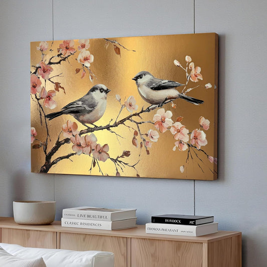 Stretched Canvas Glitter Gold Foil 3D Bird on Cherry Blossom Branch Painting, Stretched Canvas Textured Floral Bird Artwork Hand-Painted, Gold Asian Style Giclée Painting, 61x91 cm