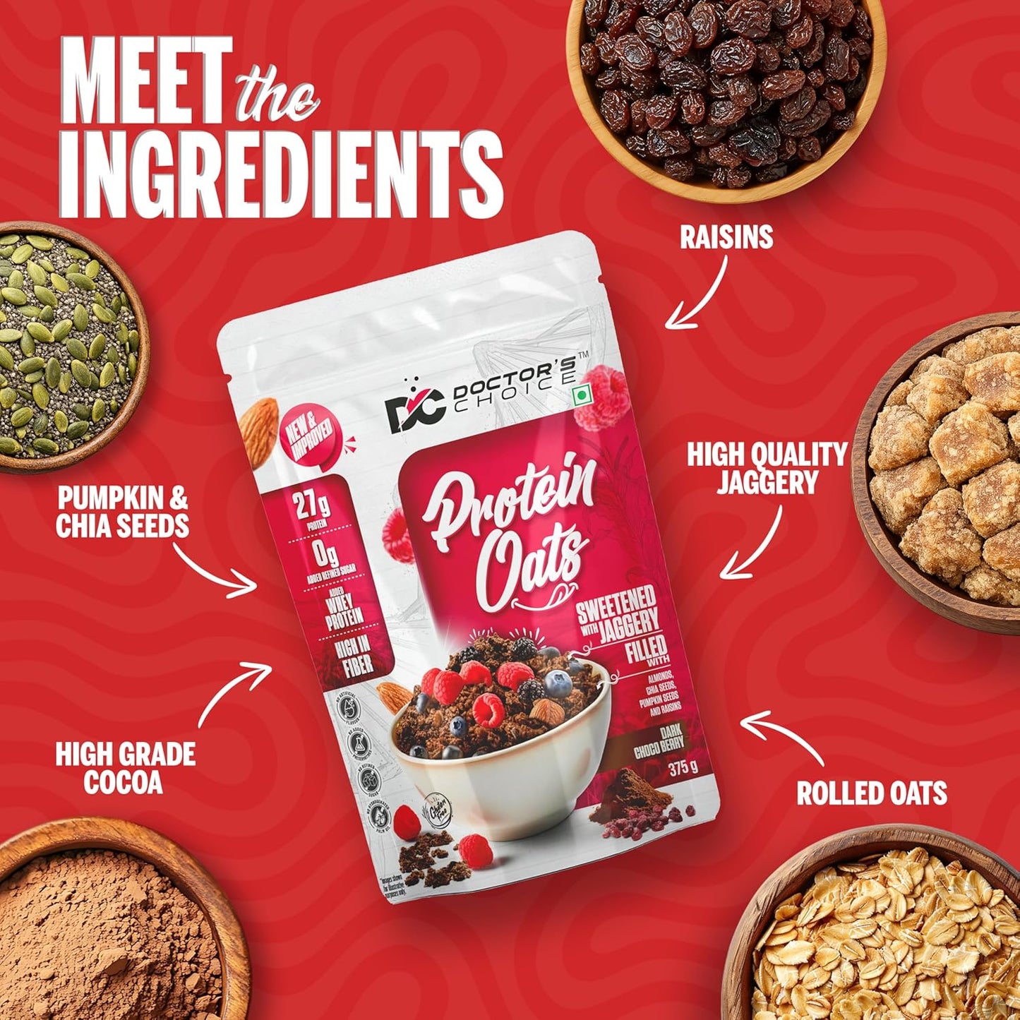 Doctors Choice High Protein Oats 375g | 27g Protein Oatmeal | Dark Choco Berry Flavor | No Added Sugar | Gluten Free | High Fiber Healthy Breakfast Oats