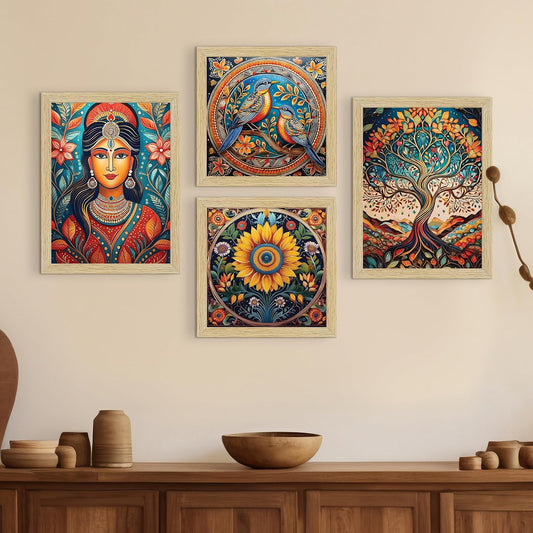 Madhubani Art Paintings with Frame for Home Decor, Wall Painting for Living Room, Multicolor, Set of 4
