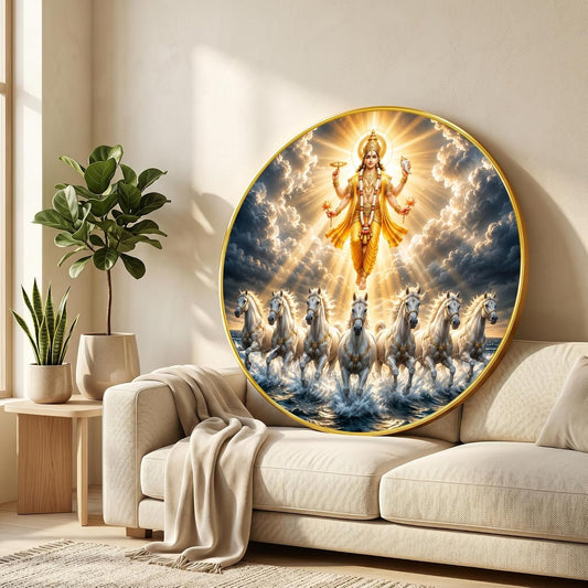 Lord Vishnu 7 Horse Round Wall Painting with Premium PVC Golden Frame, Divine Surya Vastu Art, Hindu Religious Home Decor for Living Room Prayer Room (20 x 20 Inch) GRL-447