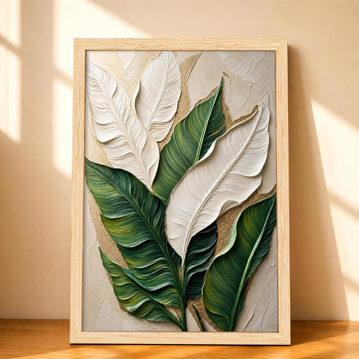 Modern Abstract 3D Textured Embossed Leaf Painting for Living Room, Green & White Tropical Leaf Motifs Rectangular Shape Framed Wall Painting for Home Decor (Size: 13x17 Inch)