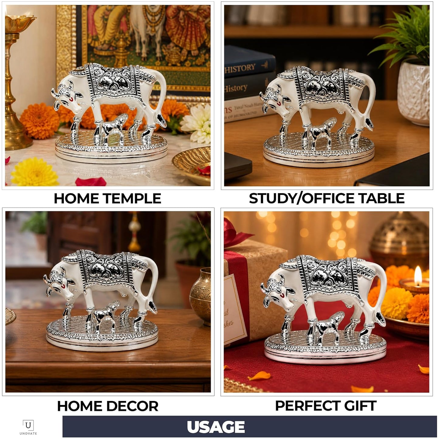 UNOVATE Kamdhenu Cow Idol for Home Temple, Pooja Room & Office Desk, Silver