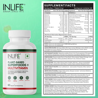 INLIFE Plant Based Multivitamin Tablets for Men & Women | 75+ Ingredients with Vitamins B12, D3, Superfoods, Greens, Vegetables, Fruits & Herbs Supplement for Immuntiy - 60 Tablets (Pack of 1)