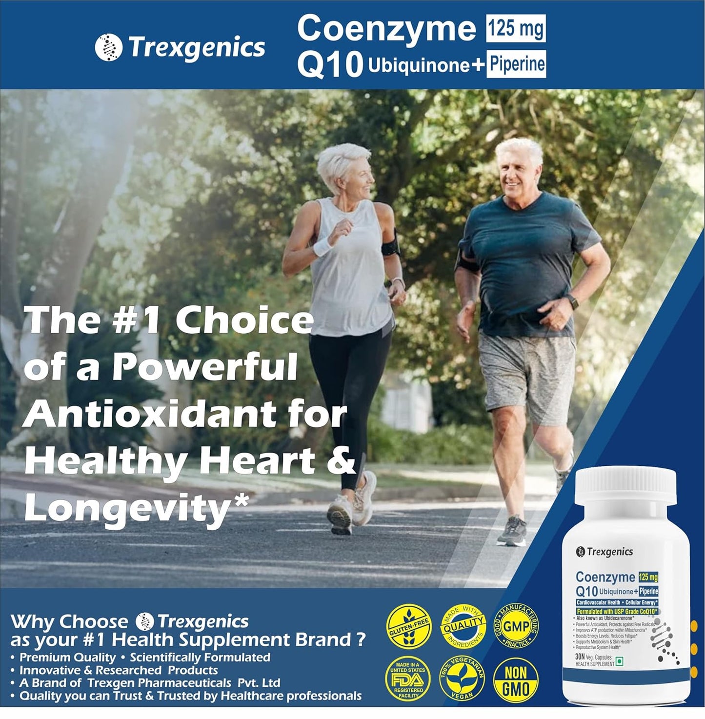 Advertisement for Trexgenics Coenzyme Q10 supplement with two people running outdoors.