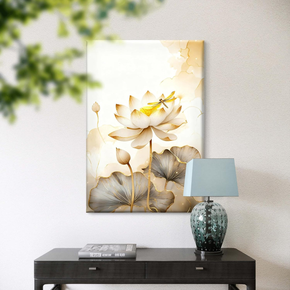 White Lotus Gold Dragonfly Canvas Art (30 x 20 Inch)