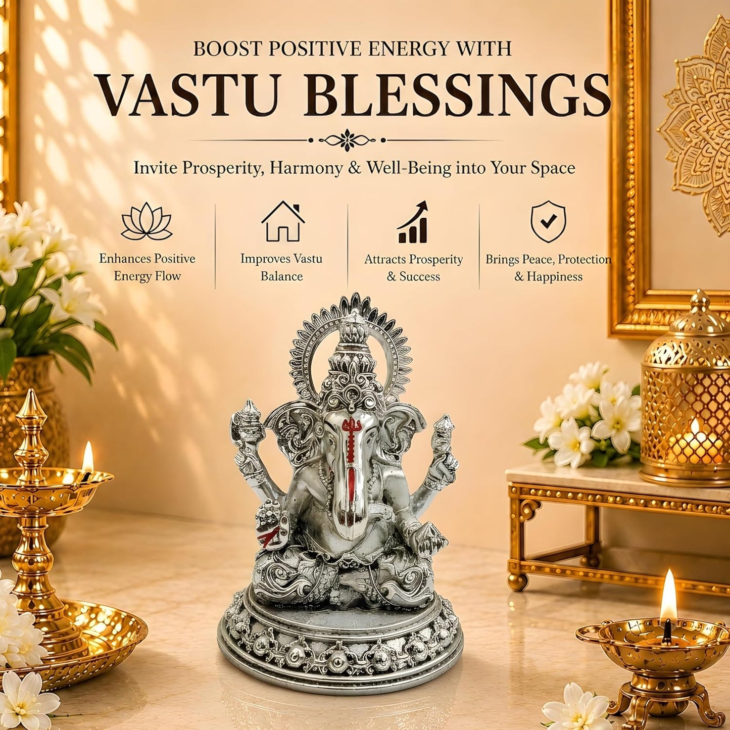Dev Aastha Silver Plated Four-Armed Ganesh Idol - 3.5 Inch Divine Seated Ganpati Statue with Detailed Halo for Car Dashboard, Pooja Room and Mandir - Auspicious Vastu Home Decor and Spiritual Gift