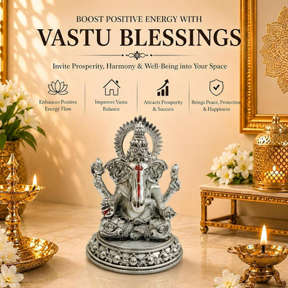 Dev Aastha Silver Plated Four-Armed Ganesh Idol - 3.5 Inch Divine Seated Ganpati Statue with Detailed Halo for Car Dashboard, Pooja Room and Mandir - Auspicious Vastu Home Decor and Spiritual Gift