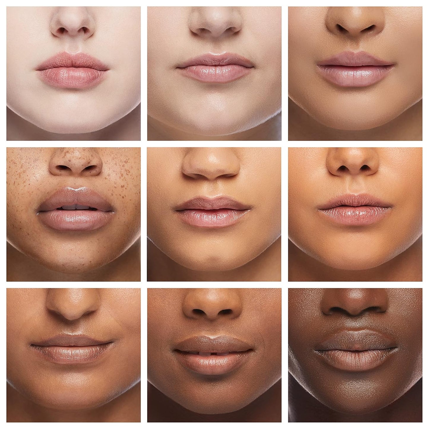 Grid of close-up images of lips in various skin tones.