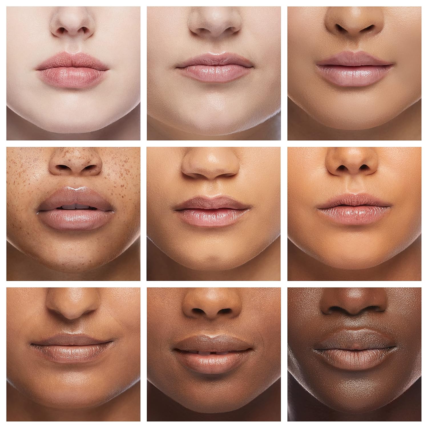 Grid of close-up images of lips in various skin tones.