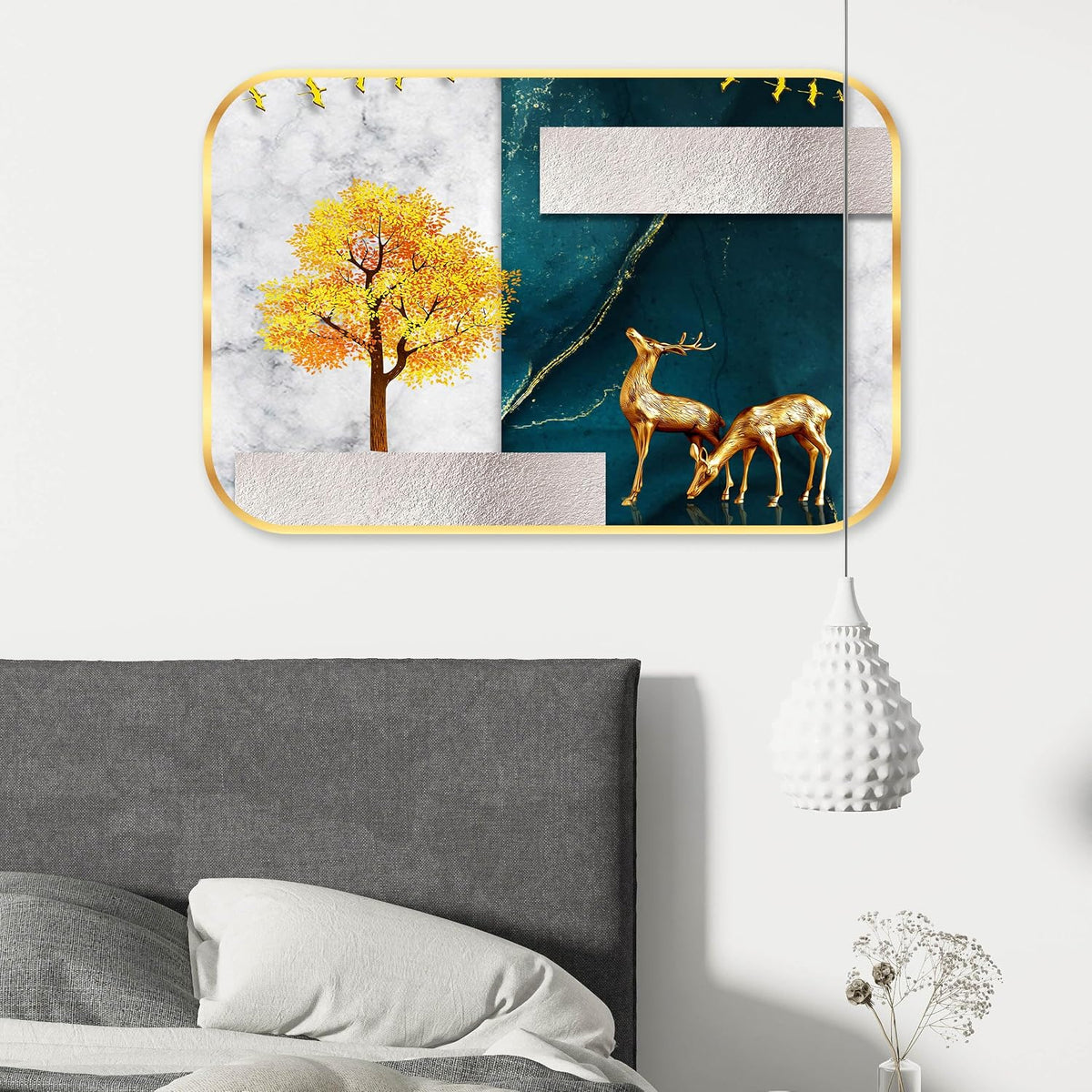 Abstract deer modern art Premium Sparkle Lamination Finished Surface Golden Slim Frame 30 cm x 46 cm Large Size, For Home/Office/Hotel painting MG23