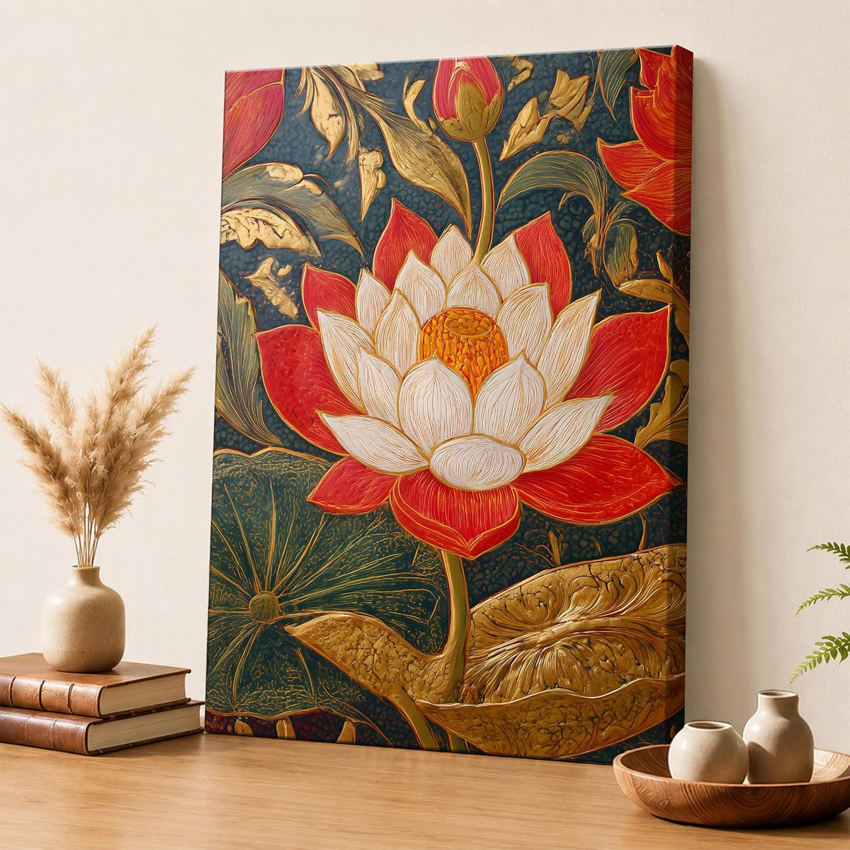 Traditional Indian Textured Embossed Lotus Canvas Wall Art Painting for wall decoration, Red & Gold Blooming Lotus Motifs Stretched Canvas Painting for living room, bedroom, Home and office, 16x22 Inch