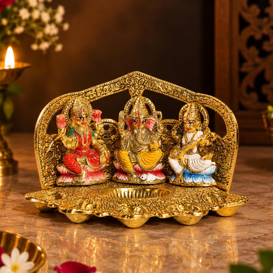 Brass Finished Ganesh Lakshmi Saraswati Metal Idol, Ganesh and Laxmi Murti for Mandir, Pooja Room, Ganesha Statue Diwali Decoration for Home Diwali Gifts, for Family and Friends, 22x12 cm