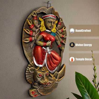 Maa Durga Terracotta Wall Hanging Idol Murti | Mahisasur Mardini Sherawali Devi MATA Wall Art Decor for Home, Temple, Mandir & Office Decor | Spiritual Gifts (24x15 CM)