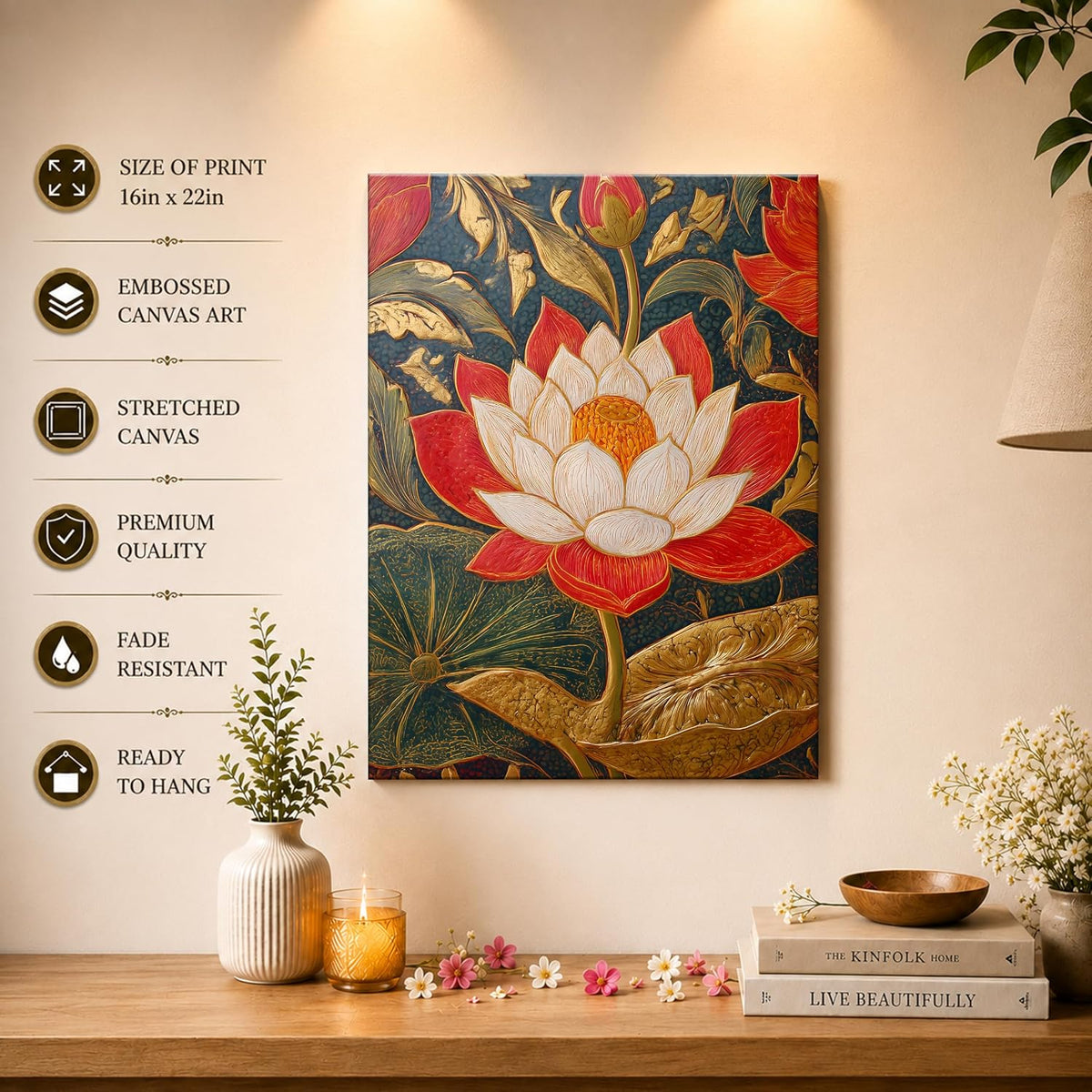 Traditional Indian Textured Embossed Lotus Canvas Wall Art Painting for wall decoration, Red & Gold Blooming Lotus Motifs Stretched Canvas Painting for living room, bedroom, Home and office, 22x34 Inch