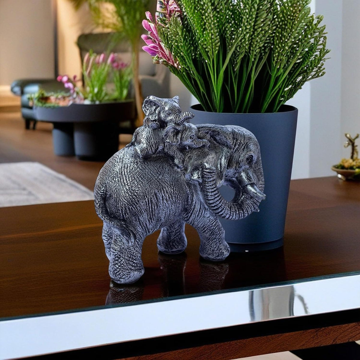 Polyresin 6" Elephant with Baby Statue for Home Decor – Vastu & Feng Shui Good Luck Symbol – Decorative Showpiece for Entryway, Living Room, Office, Gift (Silver)