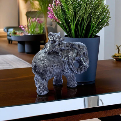 Polyresin 6" Elephant with Baby Statue for Home Decor – Vastu & Feng Shui Good Luck Symbol – Decorative Showpiece for Entryway, Living Room, Office, Gift (Silver)