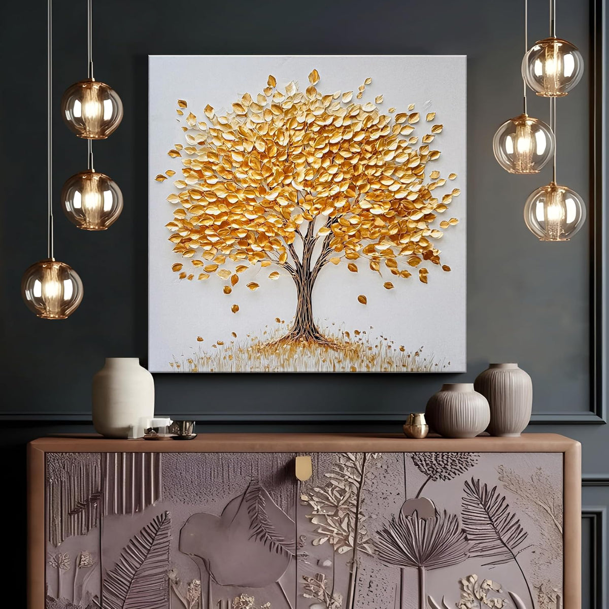 Stretched Canvas 3D Golden Tree Painting Textured Stretched Canvas Wall Art, Tree of Life Gallery Wrap Abstract Nature Artwork with Hand-Painted, Gold Tone 3D Giclée Print 61x61 cm