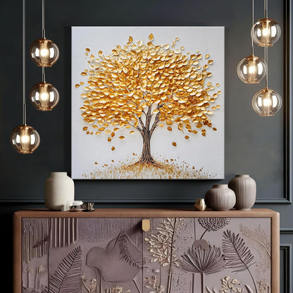 Stretched Canvas 3D Golden Tree Painting Textured Stretched Canvas Wall Art, Tree of Life Gallery Wrap Abstract Nature Artwork with Hand-Painted, Gold Tone 3D Giclée Print 61x61 cm